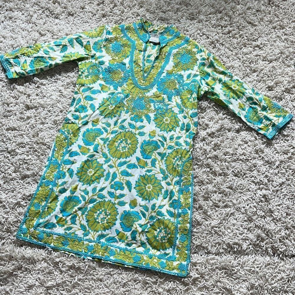 GRETCHEN SCOTT DESIGNS Embroidered Green White & Aqua Foliage Tunic Pullover XS